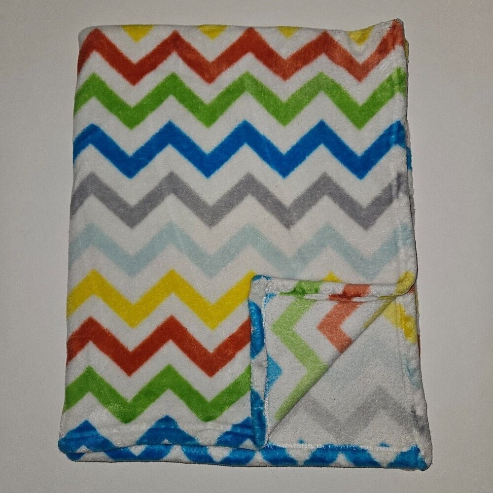 Baby Kiss Chevron Fleece Baby Blanket Orange Yellow Green Blue Gray White 27x34